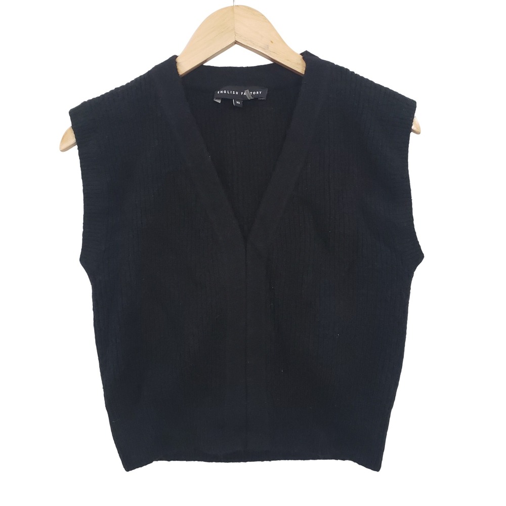 English Factory Womens Ribbed Knit V Neck Sweater Vest Black XS Layering Top